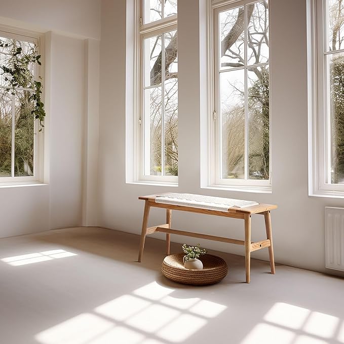 31.5'' Woven Dining Beach with 100% Solid Oak Wood Bench Frame, Hand Knitted Rope Designed Bed End Shoe Bench for Kitchen Bedroom Entryway, White