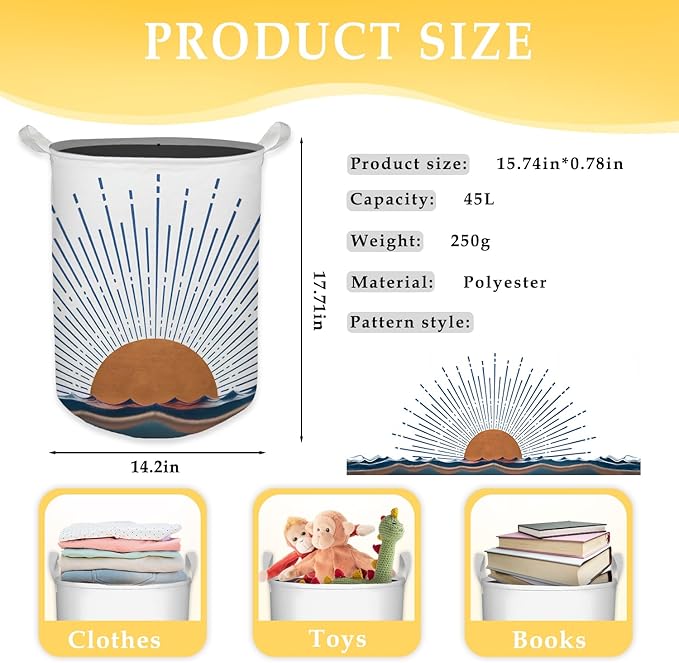 Boho Laundry Basket, Mid Century Modern Boho Terracotta Sun Sea Wave Waterproof Collapsible Laundry Hamper Dirty Clothes Storage Toy Bin Organizer for Bathroom Bedroom Nursery Girls Kids Room