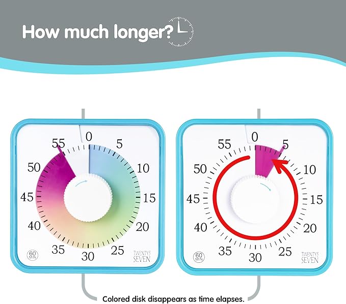 Visual Timer 7.5 inch; 60 Minute 1 Hour Countdown Timer for Kids Classroom Home Office Meeting, Mechanical Countdown Clock for Exam Time Management Magnetic, Sky Blue with Colorful Disc White Knob