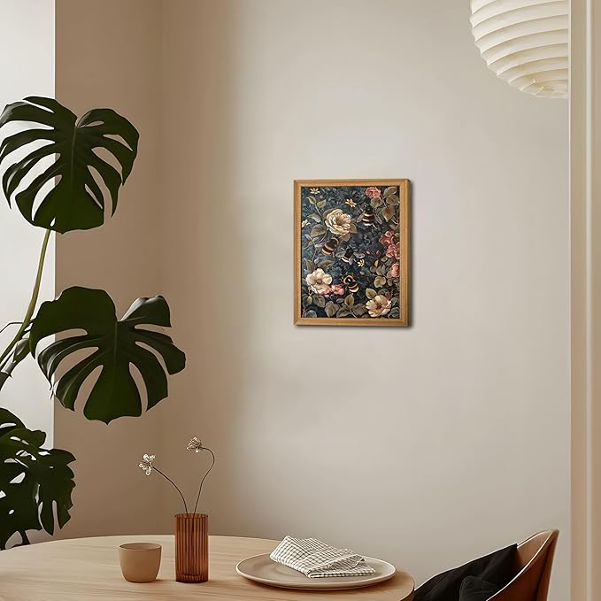Framed 3D Textured Vintage Wall Art - Dark Academia Bumble Bee Hand Drawn Sandstone Paintings with Botanical Florals, Aesthetic Wall Decor for Living Room Bedroom Home 8x10 inch