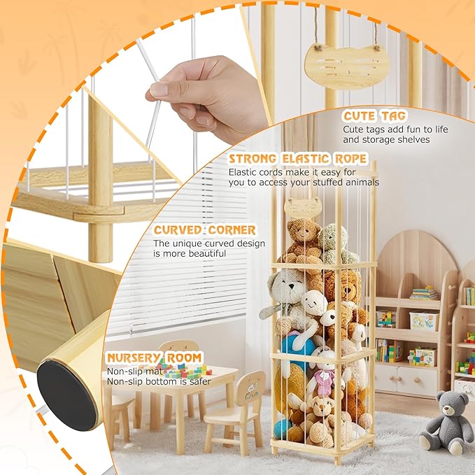 Stuffed Animal Storage , Wooden Stuffed Animal Storage with High Elastic Rope, Large Stuffed Animal Zoo for Nursery Playroom Bedroom (log color)