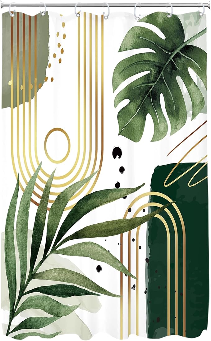 Glawry Green Gold Boho Mid Century Shower Curtain Small Stall RV Narrow Abstract Minimalist Modern Geometric Leaf Bathroom Simple 48Wx72L Inches Bath Accessories Art Home Decor Fabric 8 Pack Hook