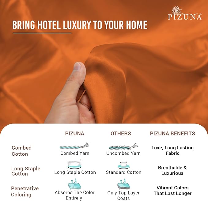 Pizuna Pure 100% Cotton Queen Duvet Cover Set, Luxurious 400 Thread Count Long Staple Cotton Sateen Weave with Button Closure (Combed Burnt Orange Cotton Duvet Cover Queen)