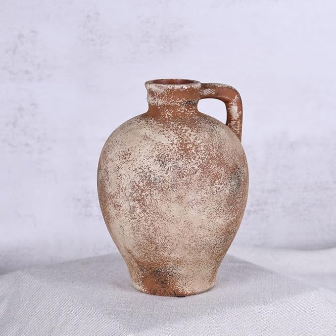 Rustic Farmhouse Ceramic Vase, 8.3" Tall Vintage Pottery Vases, Terracotta Decorative Boho Pampas Flower Vase, Suitable for Home Decor Living Room Entryway Table Bookshelf Mantle Shelf Decor