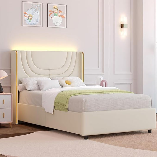 Twin Upholstered Bed Frame with LED Lights, Faux Leather Platform Bed Frame with Silver Wingback Headboard, Modern Style, No Box Spring Needed, Easy Assembly, Cream