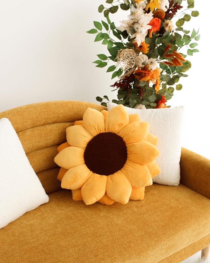 Green Philosophy Co. Flower Pillow, 3D Sunflower Shaped Decorative Throw Pillow - Soft Plush Cushion for Bed and Couch, Cute Boho & Cottagecore Home Decor Accent, Golden Yellow