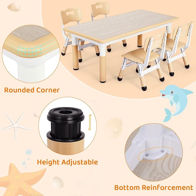 Arlopu Kids Table and 4 Chair Set, Height Adjustable Toddler Table and Chair Set, Non-Slip Legs, Graffiti Desktop, Large Children Activity Table, Reading Daycare Classroom Home (Beige)