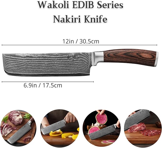 Wakoli Damascus Nakiri & Chef Knife 7-inch - 67-Layer VG10 Core Steel, Razor Sharp Japanese Vegetable Knife with Pakkawood Handle, for Precision Chopping, Slicing & Cuisine - Gift Box (EDIB)