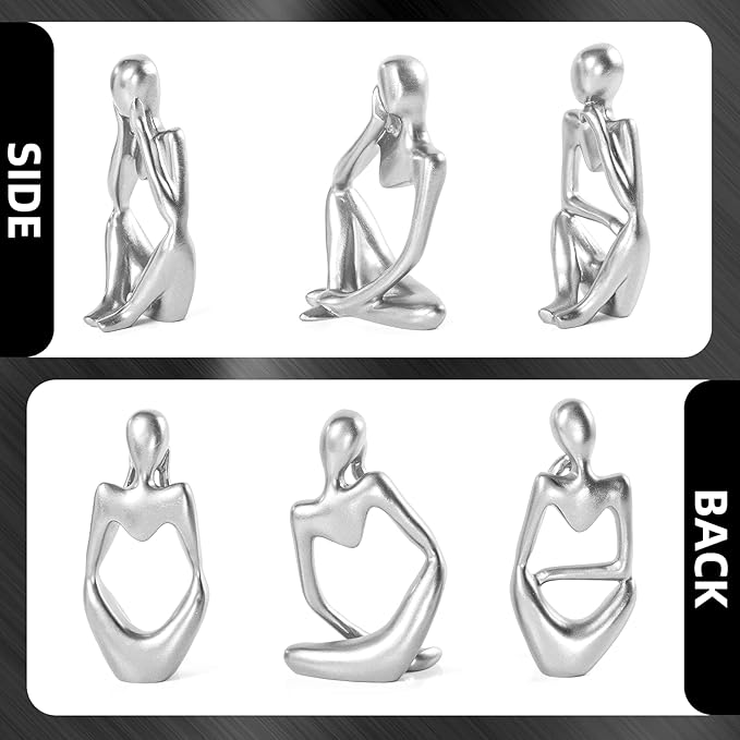 Thinker Statue Gold Decor Abstract Art Sculpture, Golden Resin Collectible Figurines for Home Living Room Office Shelf Decoration,Great Gifts Ideas (Silver)