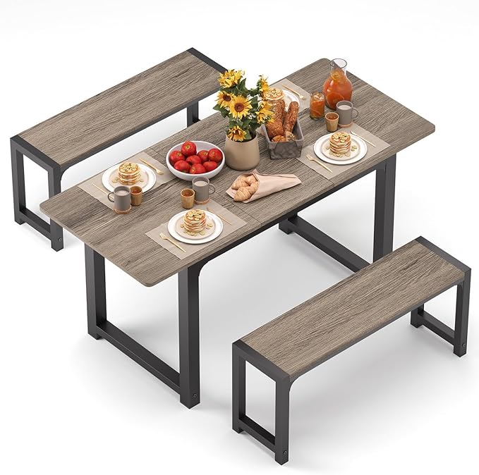 Gizoon 63” Kitchen Table Sets with 2 Benches Extendable Dining Table Set for Small Spaces Dining Room Table 4 Set Chairs for Kitchen Apartment Outdoor and Home Office, Gray