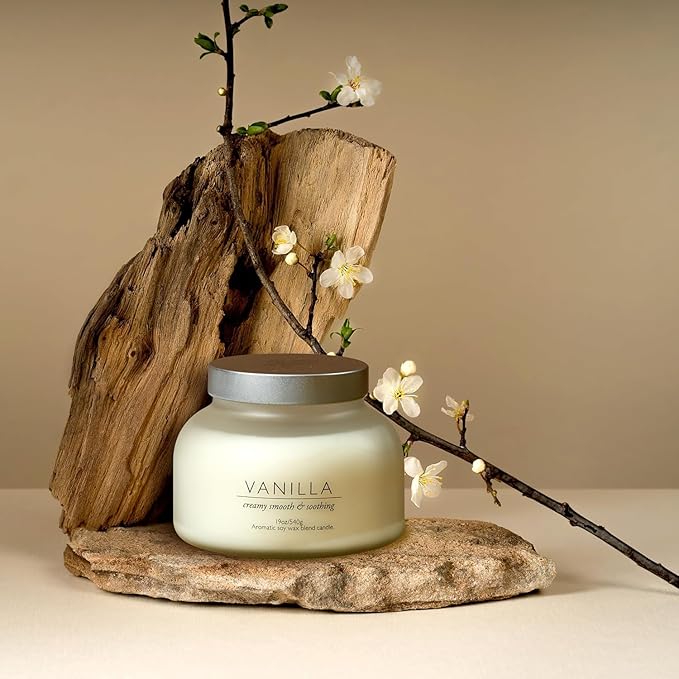 Volcano Vanilla Candle 19oz:- with a Crackling Wooden Wick in Large 4" x 5" Large Elegant White Glass Jar in a Presentation Gift Box and Protective Shipping Box