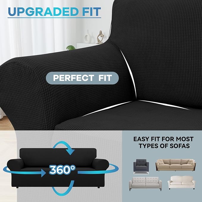 LURKA Stretch Sofa Slipcovers Couch Covers for 3 Cushion Couch Sofa Pet Friendly Non Slip Sofa Cover Washable Furniture Protector with Elastic Bottom (Large, Black)