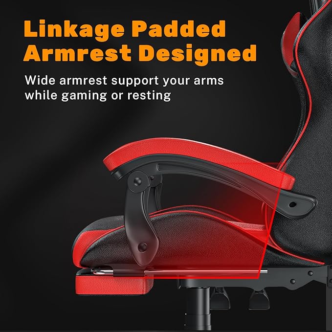 Gaming Chair with Footrest, High Back Ergonomic Computer Gamer Chair with Headrest and Lumbar Support, Racing Style Reclining Game Chair for Adults, Kids (Red-Black)