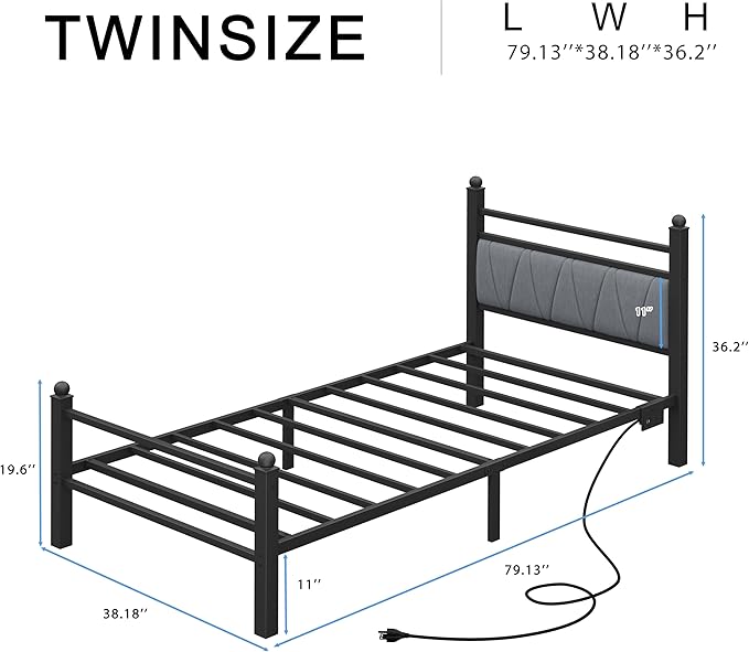Full Bed Frame with Smart LED Lights, Storage Headboard and USB Charging Station,Heavy Duty Wooden Slats, No Box Spring Needed, Noise Free, Easy Assembly (Modern Black, Twin)
