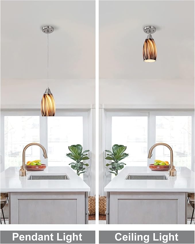 Mini Pendant Lights Kitchen Island,Blown Art Glass Pendant Light Fixtures with Brush Nickel Finish Coffee Brown Hanging Lamp Shade for Kitchen Over Sink,Hallway,Bathroom Dining Room