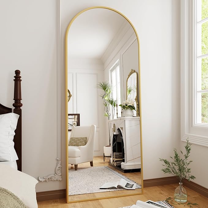OGCAU Full Length Mirror, 70"x26" Arched Full Body Floor Mirror with Stand, Hanging or Leaning, Standing, Wall Mounted with Aluminum Frame for Bedroom Living Room (Gold)