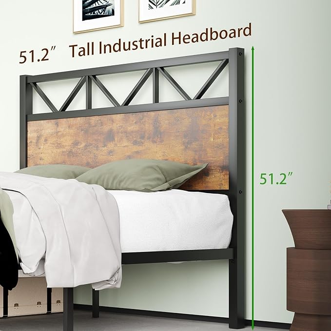 King Size Bed Frame, King Bed Frame and 51.2" Tall Industrial Headboard, King Platform Bed Frame with Strong Steel Slats Support, Noise Free, No Box Spring Needed, Easy Assembly, Rustic Brown