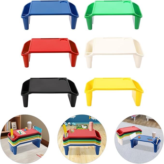 6 Pack Kids Lap Desk Tray with Storage Slots, Stackable Portable Lap Tray - Multicolor Kids Plastic Table, Activity Trays, Laptop Desk for Bed, Nursery, Reading, Doing Homework, 19.7x9.8x7.1''