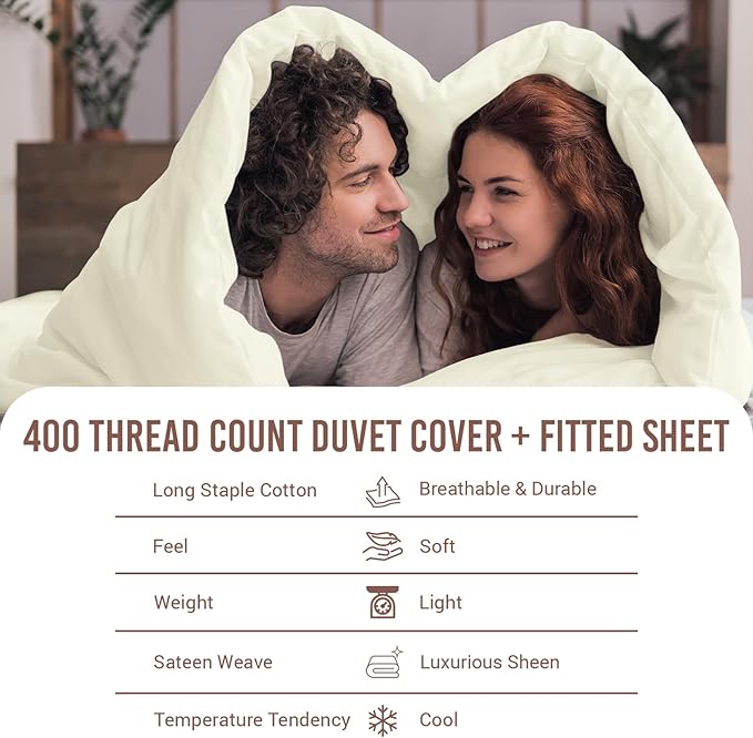 Pizuna 100% Cotton King 3 Pc Duvet Cover + 1 Pc Fitted Sheet Set 400 Thread Count Off White Sateen Weave Luxurious Long Staple Cotton 4 Piece Bedding Set -1 Duvet Cover, 2 Pillow Shams, 1 Fitted Sheet