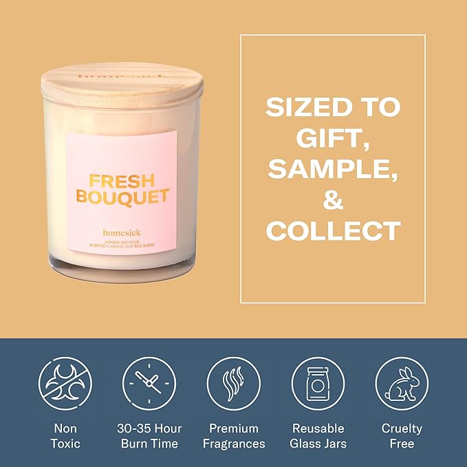 Homesick Scented Candles for Home (Fresh Bouquet) - 7.5 oz Long-Lasting Natural Soy Wax Blend Jar Candle Gift for Women & Men for All Occasions, 30-35 Hours Burn Time - Notes of Jasmine & Rose