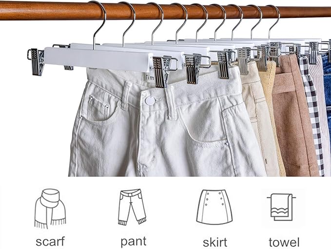 Amber Home 10 Pack 14.17" Solid White Wooden Pant Skirt Hangers, Bottom Hangers for Slacks Trousers Jeans with 2-Adjustable Anti-Rust Clips (White, 10 Pack)
