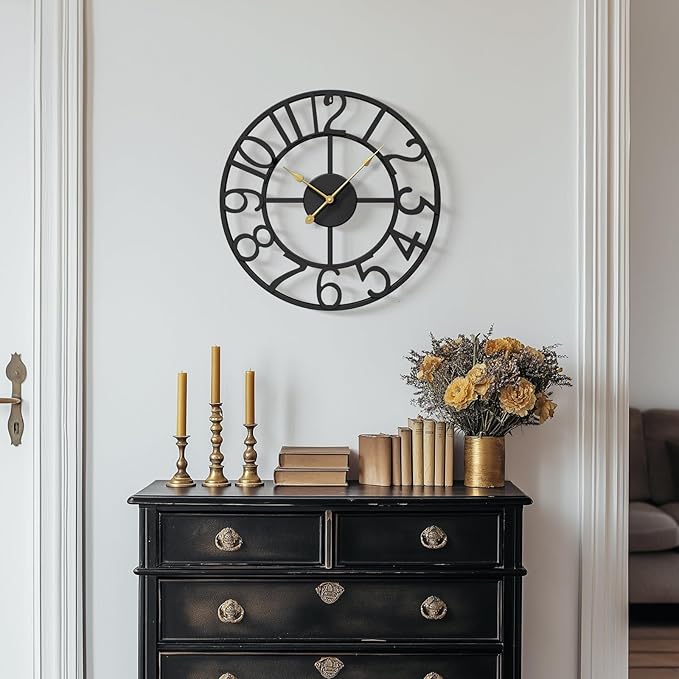 Black 16 Inch Wall Clock Decorative, Modern Metal Clock for Lving Room, Battery-Operated Silent Non Ticking Arabic Numerals Wall Clocks for Bedroom, Kitchen, Dining Room, Office