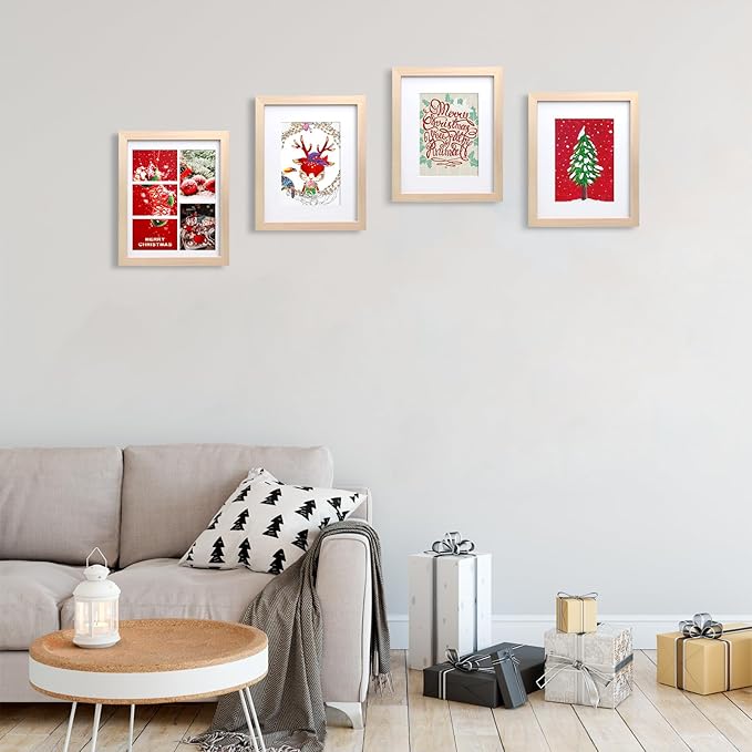 KINLINK 8x10 Picture Frame Natural, Solid Wood Frames with Acrylic Plexiglass for Pictures 4x6/5x7 with Mat or 8x10 without Mat, Tabletop and Wall Display Photo Frame, Set of 4