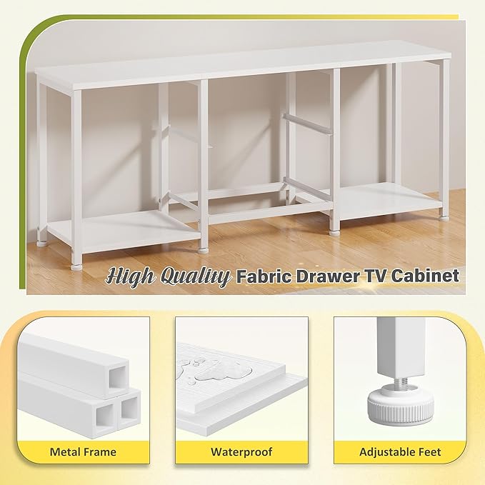White TV Stand with LED for TVs up to 55 Inch, Coffee Table with 2 Fabric Drawers and 2 Open Storage Shelves, Entertainment Center TV Console for Living Room, Bedroom, Wood Top, Metal Frame
