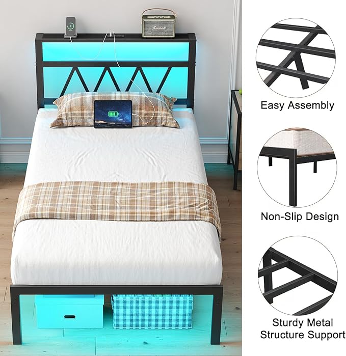 Full Bed Frame with Smart LED Lights, Storage Headboard and USB Charging Station,Heavy Duty Wooden Slats, No Box Spring Needed, Noise Free, Easy Assembly (Classic Black, Twin)