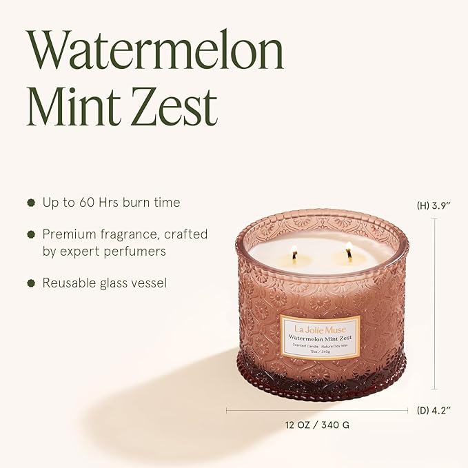 LA JOLIE MUSE Watermelon Mint Zest Scented Candle, Candles for Home Scented, Large 2-Wick Soy Candles, Luxury Jar Candle Gifts for Women & Men, 60 Hours Long Burning, 12oz