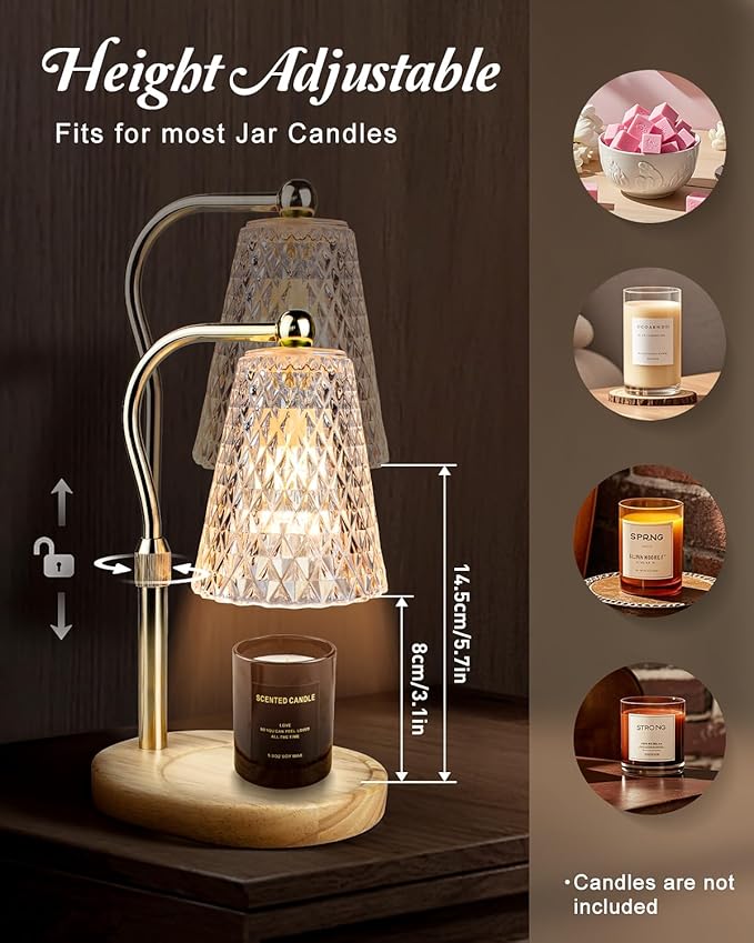 Candle Warmer Lamp with Timer - Electric Candle Lamp Warmer with Dimmer Adjustable Height Lamp Candle Warmers for Small Jar Scented Wax Melts Bulbs Warming Candle Melter with 2 Bulbs for Home