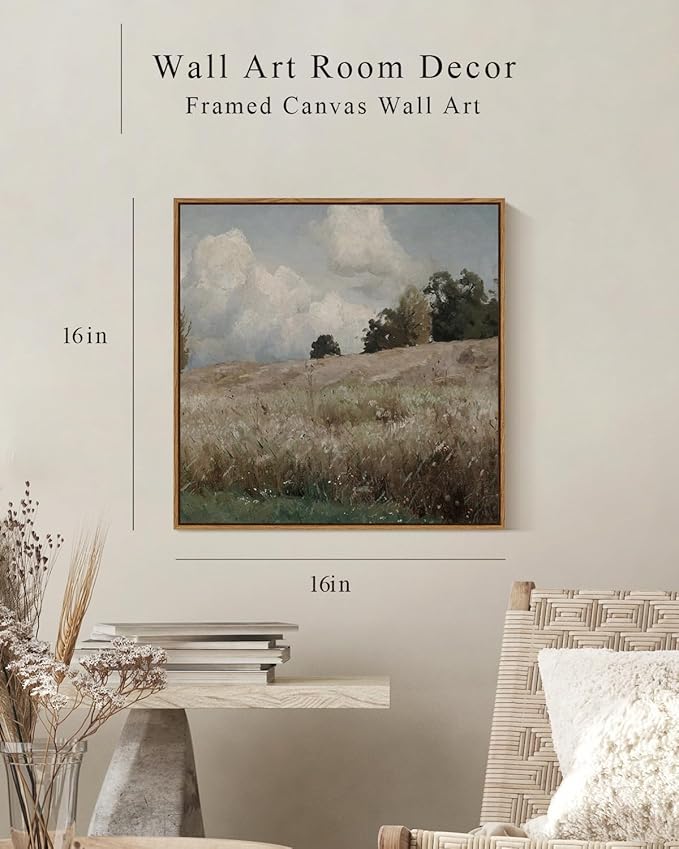 InSimSea Square Framed Canvas Wall Art, Vintage Prints Farmhouse Scenery Vast Field Grassland Wall Art Decor, Classical Nature Paintings Home Decor for Living Room Bedroom Office 16"x16"
