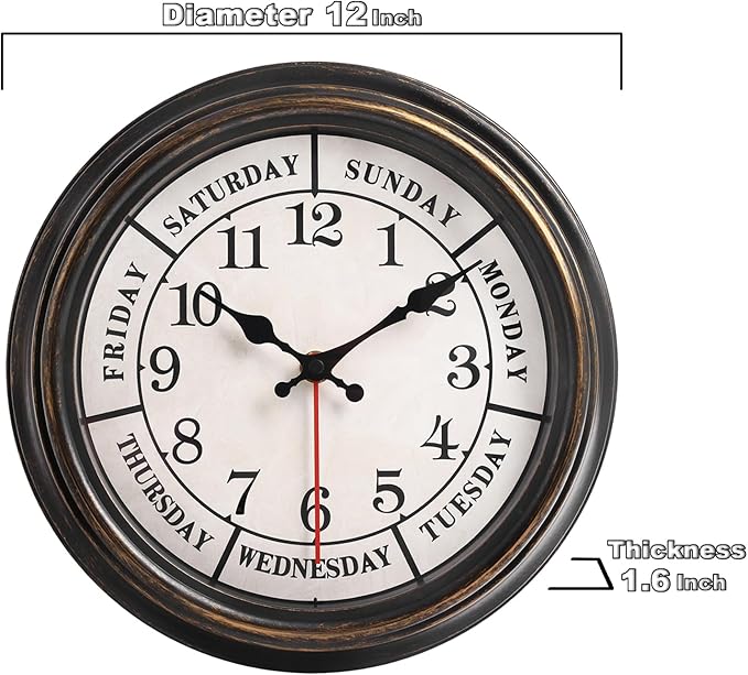 zyzamay 12 Inch Retro Wall Clock,Classic Day of The Week Wall Clock,Easy to Read,Non-Ticking Round Classic(Black Gold)