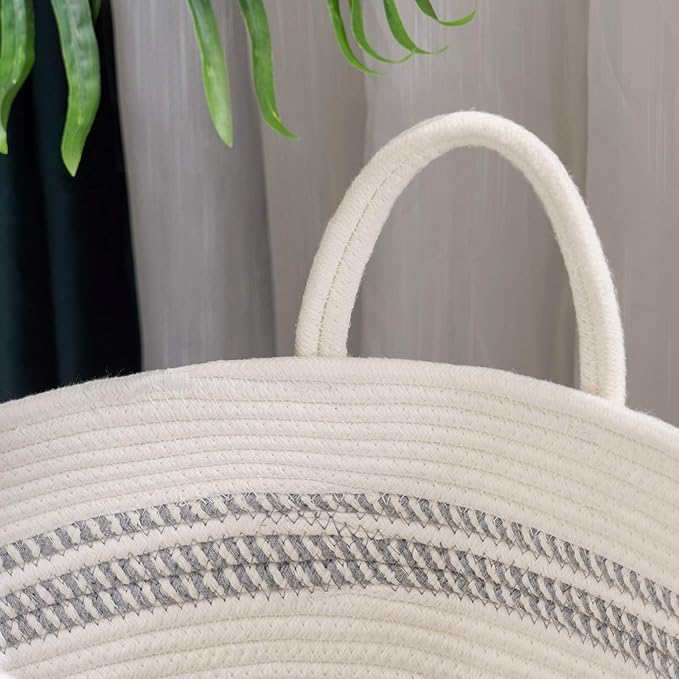 Woven Rope Laundry Hamper Basket, 58L Tall Luandry Basket, Baby Nursery Hamper for Blanket Storage, Clothes Hamper for Laundry in Bedroom-Large-Stripe White