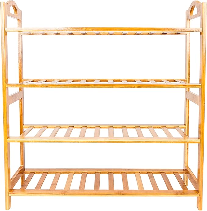 4-Tier Open Bamboo Shoe Rack Concise 12-Strip 4 Tiers Spacious Storage Shelf Stable Elegant Shoe Shelf Organizer Holds up to 44lbs for Entryway, Bedroom, Living Room, Kitchen (Wood Color)