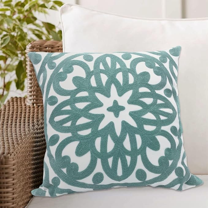 Alysheer Embroidered Decorative Throw Pillow Cover 20"x 20", Boho Mandala Modern Thick Embroidery Pattern, Durable Cotton Canvas Soft Cushion Case for Sofa Couch Bed Living Room (Dusty Aqua Blue)