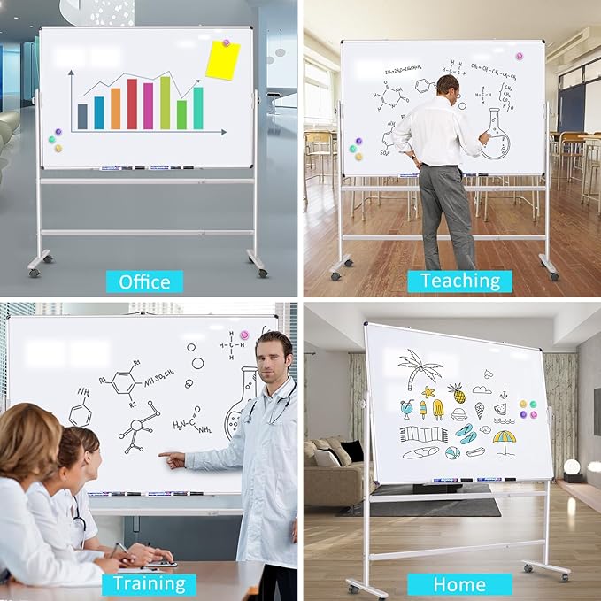 Rolling White Board 36x24 in, Dry Erase Board with Stand, Double-Sided Magnetic Mobile Whiteboard, Height-Adjustable for Office Classroom and Home