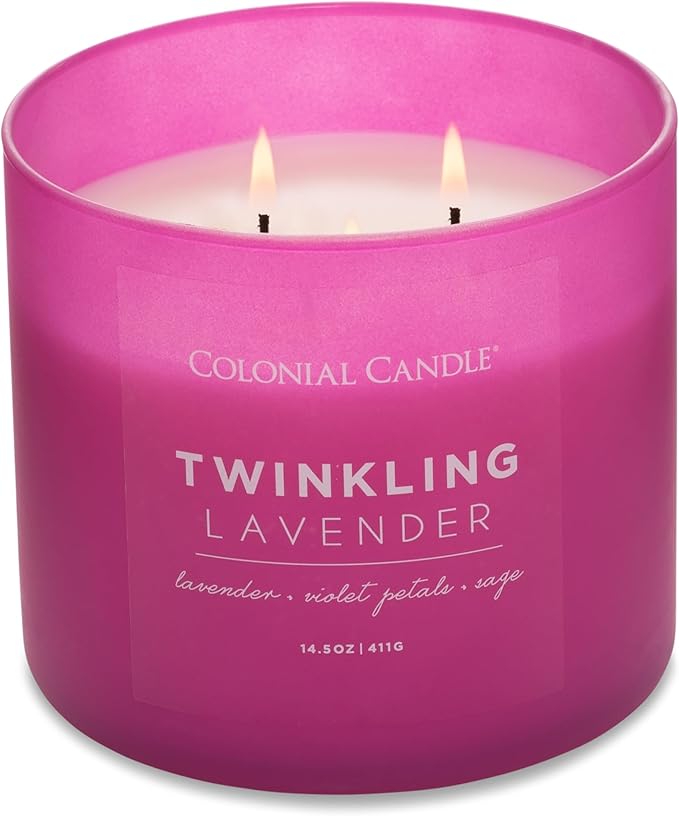 Colonial Candle Pop of Color Twinkling Lavender 14.5 Oz Scented Matt Glass Jar Candle, Three Premium Cotton Wicks