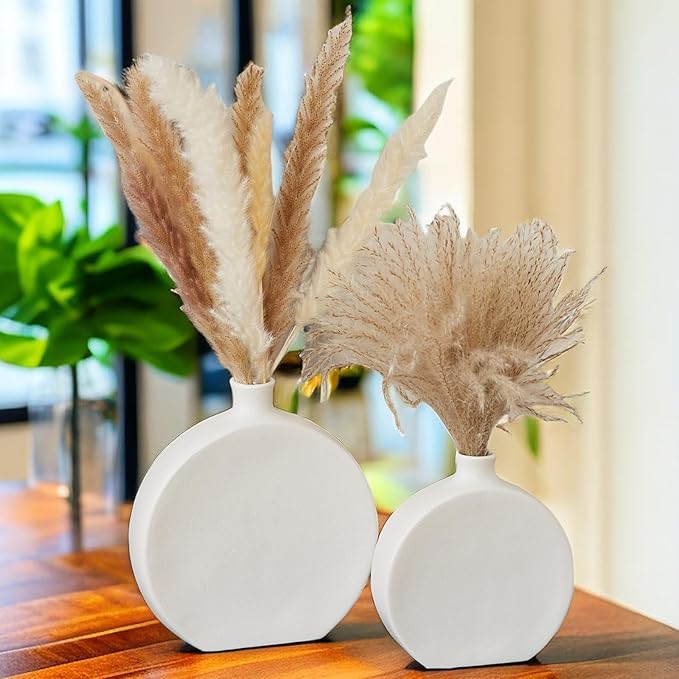 White Ceramic Vase Set of 2, Boho Vase for Decor, Matte Frosted Texture Finish,Modern Rustic Farmhouse Home Decor,Vases for Pampas Grass&Dried Flowers,idea Shelf,Table,Mantel,Entryway