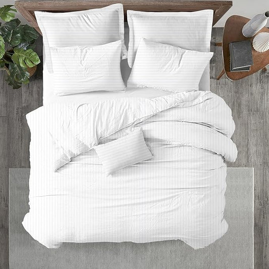 Kotton Culture 3 Pc California King Size Duvet Cover Set -100% Egyptian Cotton Sateen 600 Thread Count Ultra Soft Premium Durable Comforter Cover Zipper Closure & Corner Ties (Striped White,104"x98")
