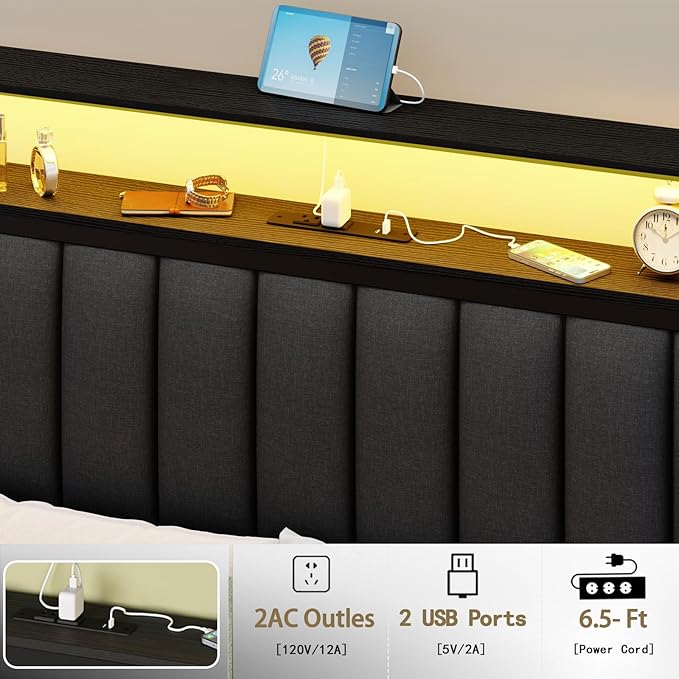 Furnulem Full Size Bed Frame with Charging Station and LED Lights, Grey Upholstered Headboard with Shelves, Metal Platform Bed with 2 Under-Bed Storage (Fabric Drawer on Wheels), No Box Spring Needed