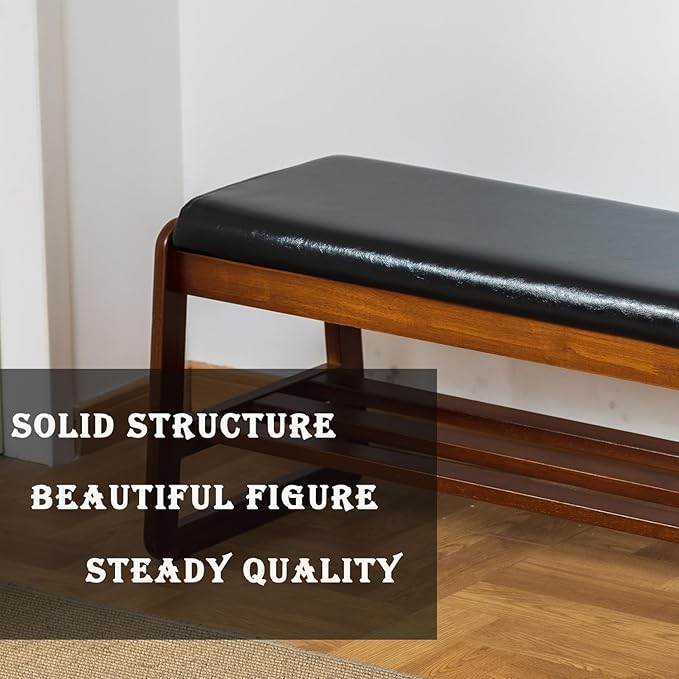 latifolia Solid Wood Bench, Entryway Shoe Bench with Cushion, 2 Tier Shoe Storage Organizer for Hallway, Living Room(Black,31.50''L)