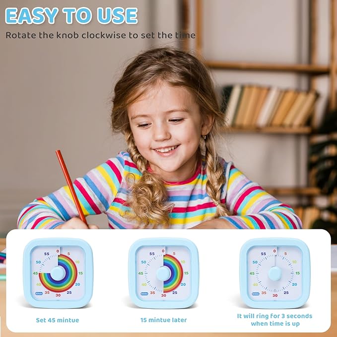 60 Minute Visual Timer for Kids and Adults, Square Countdown Timer with Rainbow Pattern, Desk Timer Kids Time Kitchen Timer Management Tools for Classroom Office Home, Blue