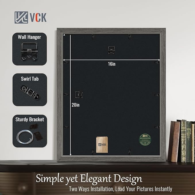 VCK 16x20 Picture Frame Set of 4 - Grey, Gallery-Quality Wood Poster Frames, 1.1-Inch Wide Border, Polished Plexiglass, Vertical or Horizontal Wall Display for Photo/Art/Prints, Grey
