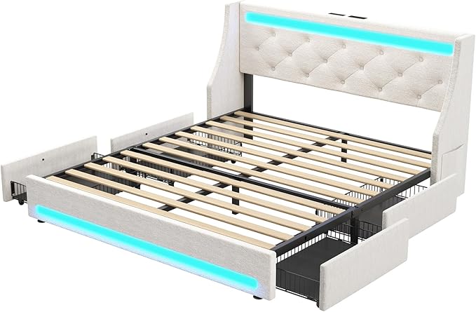 Rolanstar Queen Bed Frame with LED Lights and Charging Station, Upholstered Bed with Drawers, Wooden Slats, Noise Free, Easy Assembly, Beige