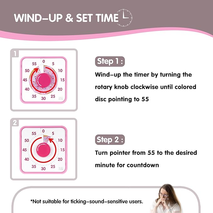 TWENTY5 SEVEN Countdown Timer 7.5 inch, 60 Minute 1 Hour Visual Timer for Classroom Teaching Tool Office Meeting, Mechanical Countdown Clock for Kids Exam Time Management Magnetic, Pink Donut