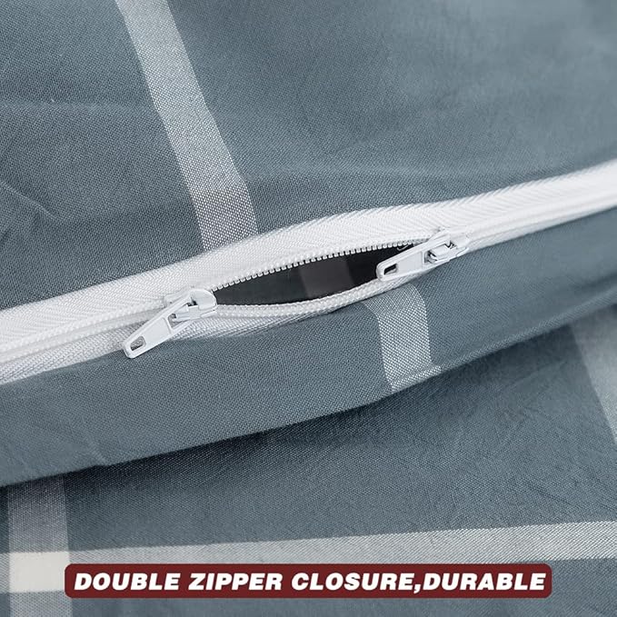 FACE TWO FACE Bedding Duvet Cover Set 3 Pieces 100% Washed Cotton Duvet Cover Linen Like Textured Breathable Durable Soft Comfy (King, Grey Green Grid)