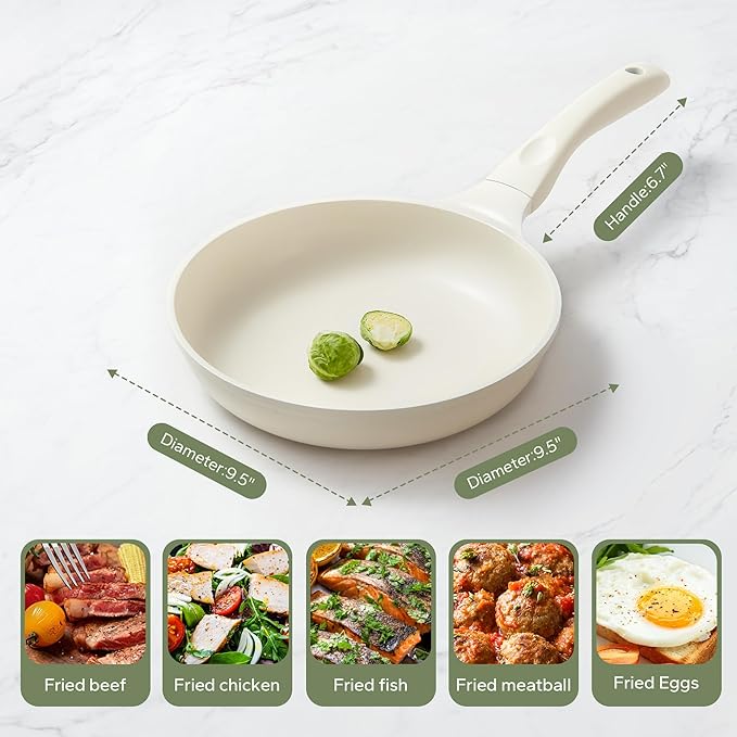 Redchef Ceramic Frying Pan, Small Nonstick Frying Pan, Non Stick Pans for Eggs & Omelets, PFOA & PFAS-Free, Fast & Even Heat, Compatible with All Cooktops, Dishwasher Safe, Beige White, 9.5"