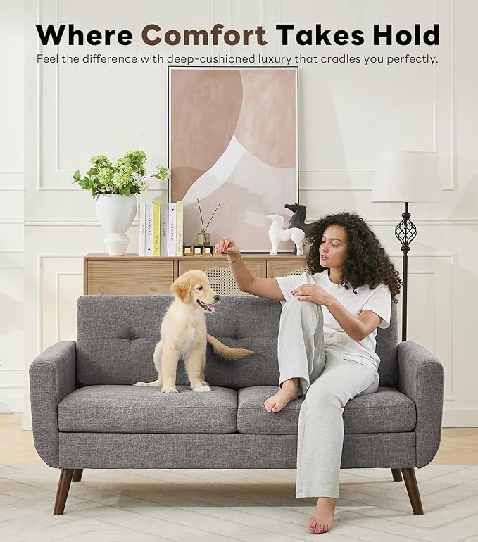 Tbfit 65" W Loveseat Sofa with Ottoman Coffee Table, Mid Century Modern Love Seat Couches for Living Room, Button Tufted Upholstered Small Couch for Bedroom,Easy to Install Love Seats Furniture, Gray