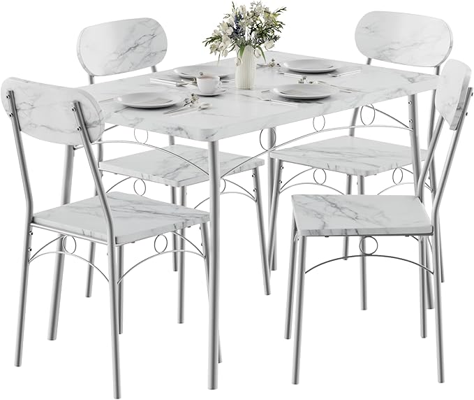 VECELO Dining Table Set for 4, 5-Piece Kitchen Table with 4 Chairs, MDF Board Tabletop with Metal Frame for Small Space, Compact Dinette, Breakfast Nook, White